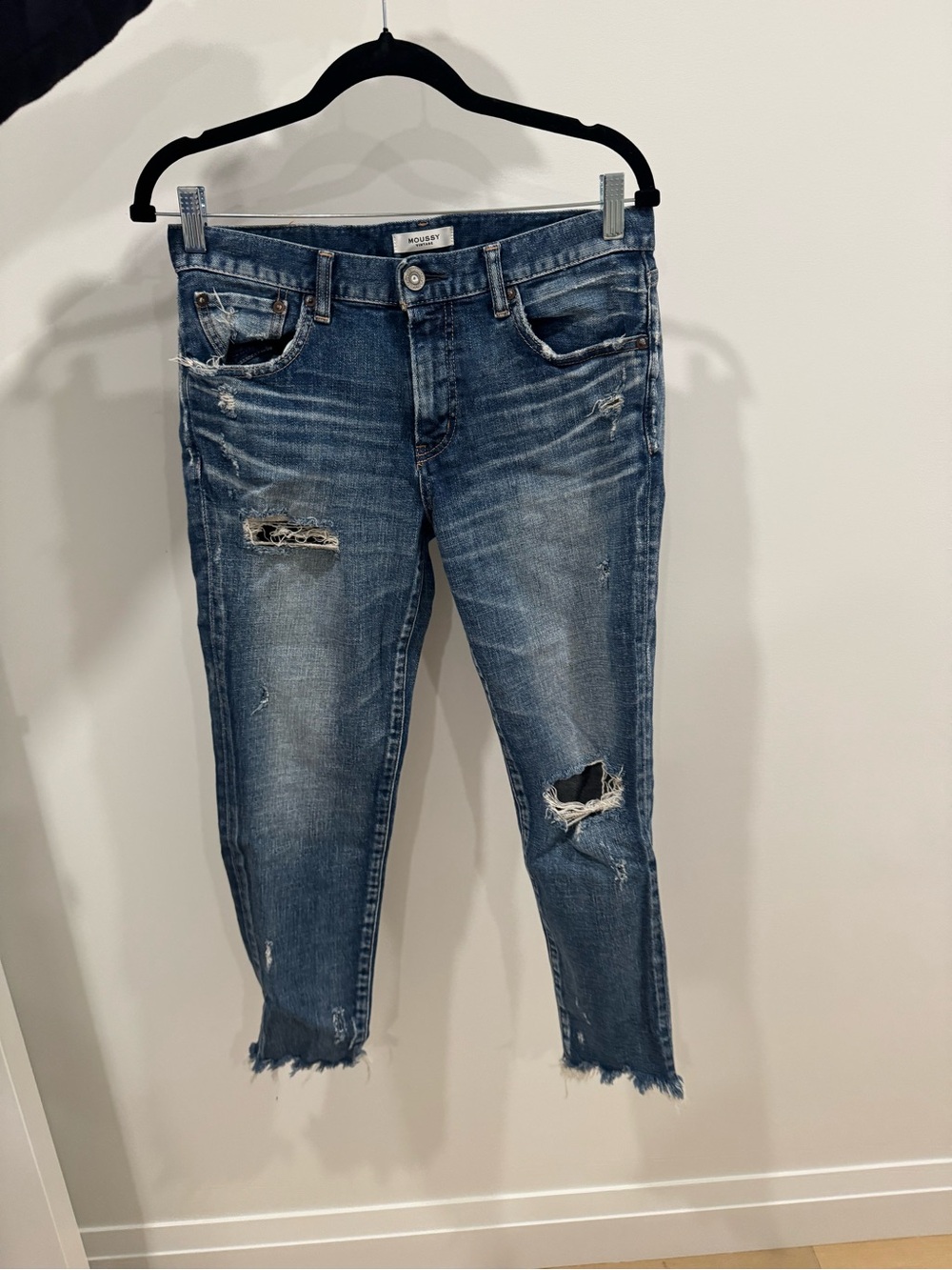 Moussy Medium Blue Distressed Crop Jeans